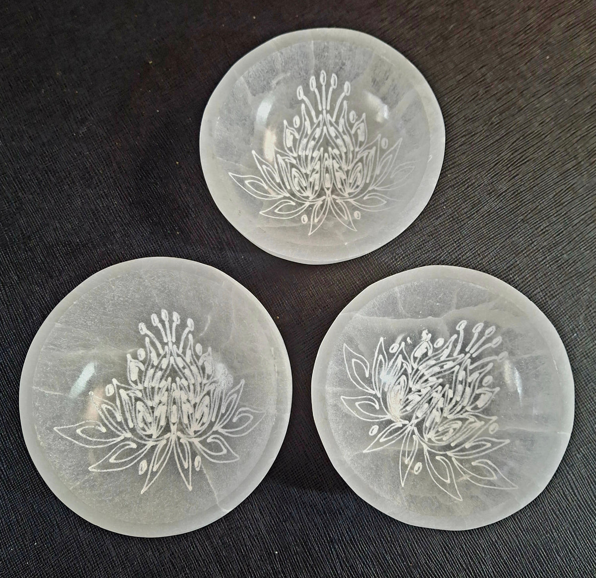 4" Selenite Bowl With Lotus Flower Engraving