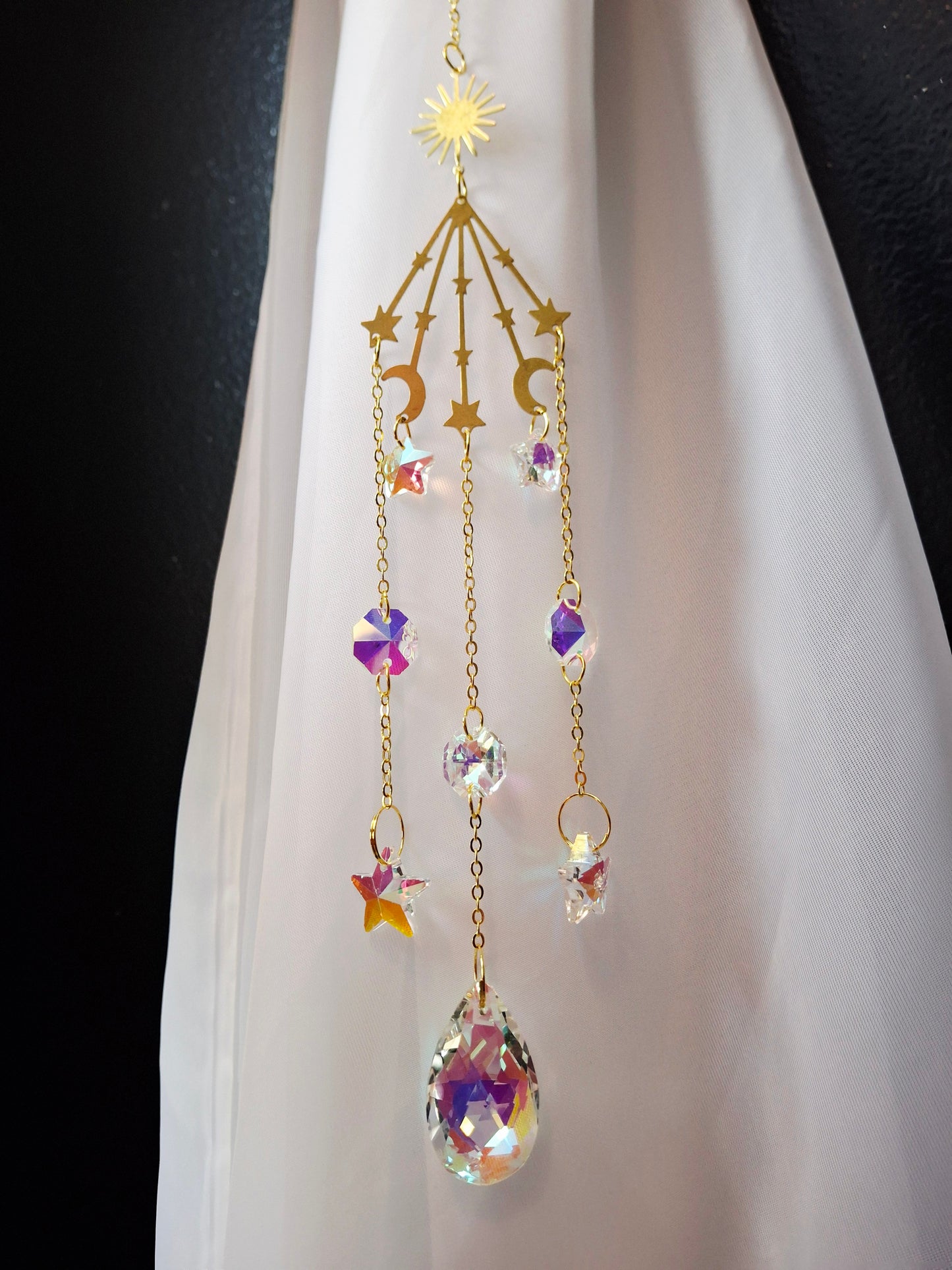 Rainbow Crystal Sun Moon & Star Design Suncatcher 17"L