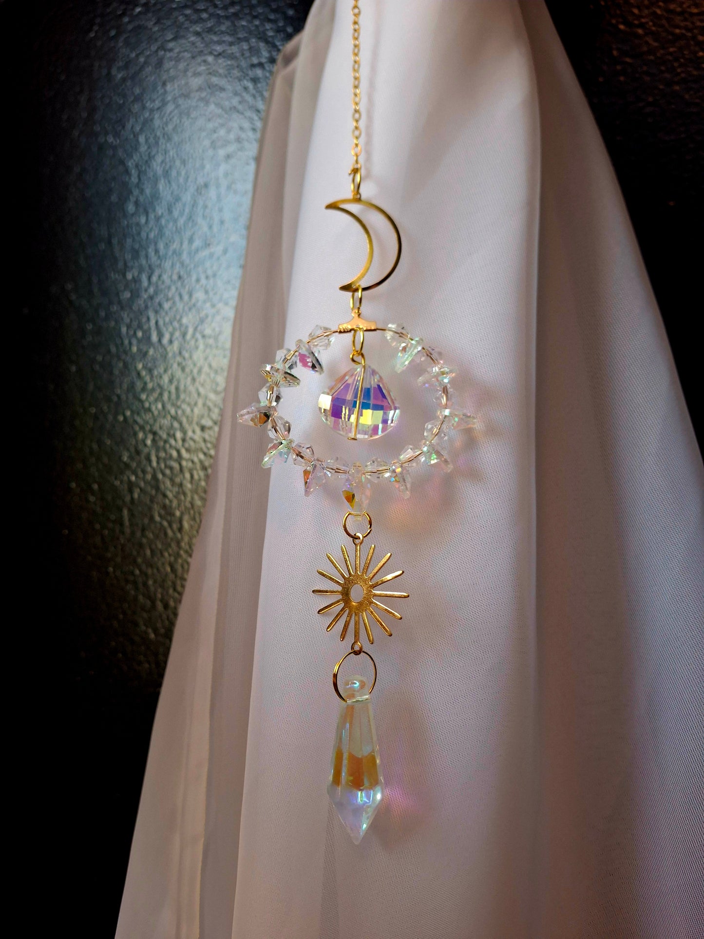 Rainbow Crystal Suncatcher with Moon Design (11"L)