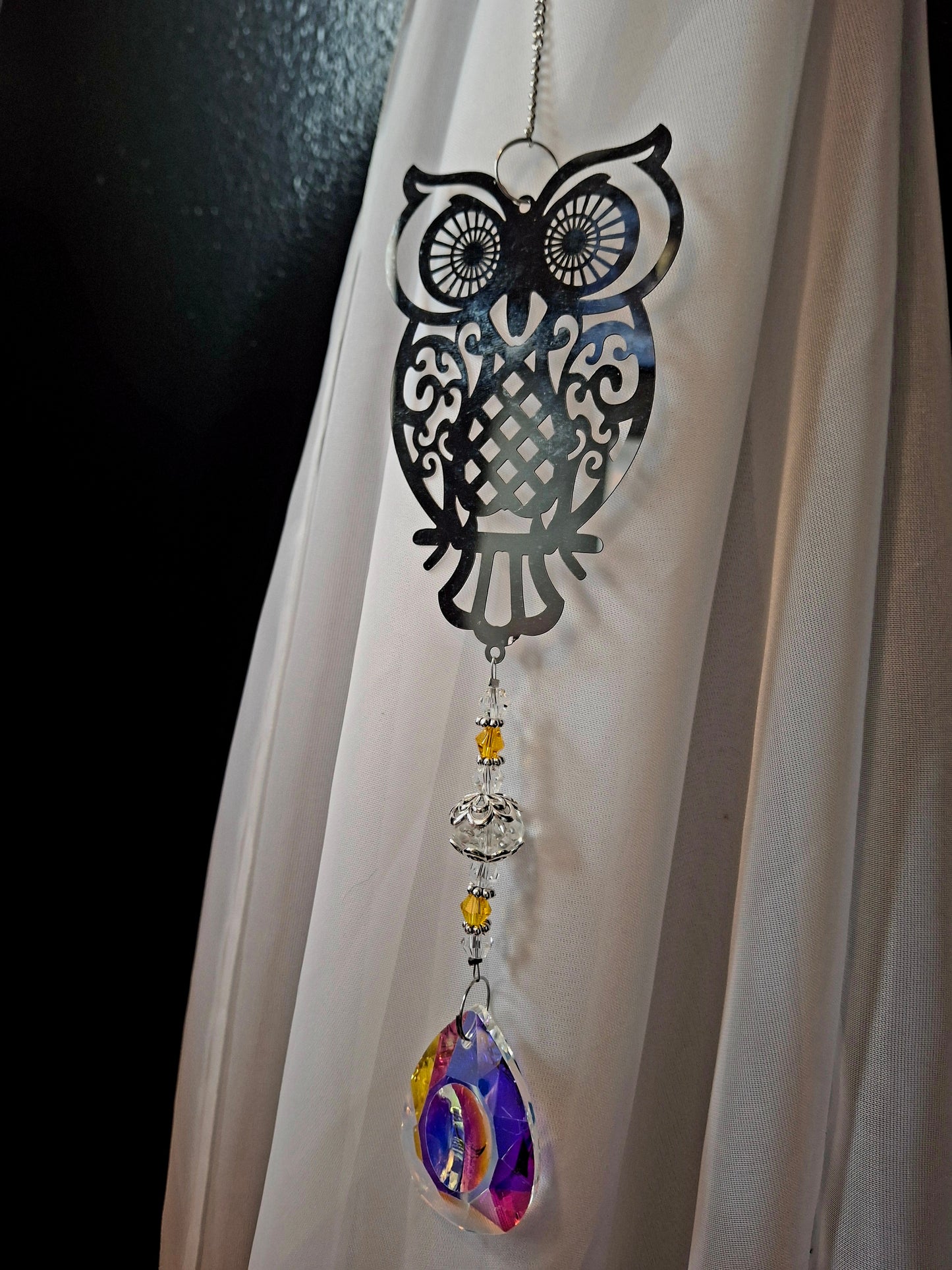 Silver Owl Suncatcher w/Large Crystal Prism