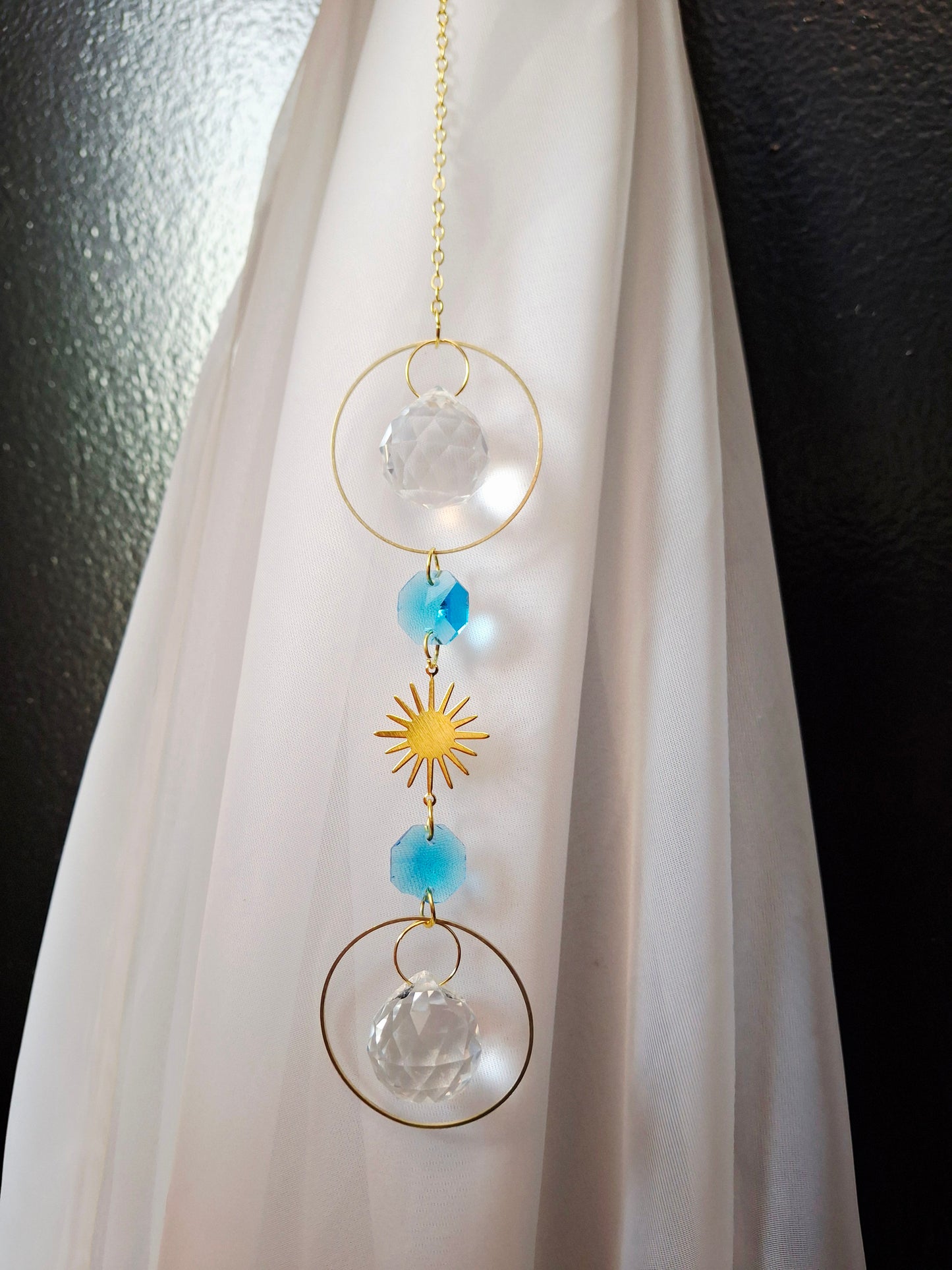 Blue & White Crystal Suncatcher with Sun 13"L