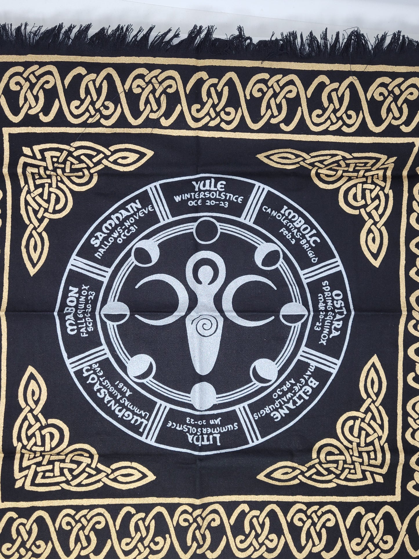 Altar Cloth Goddess of Earth with Moon Phase & Wicca Calendar - 24" x 24" (Gold/Silver Print)