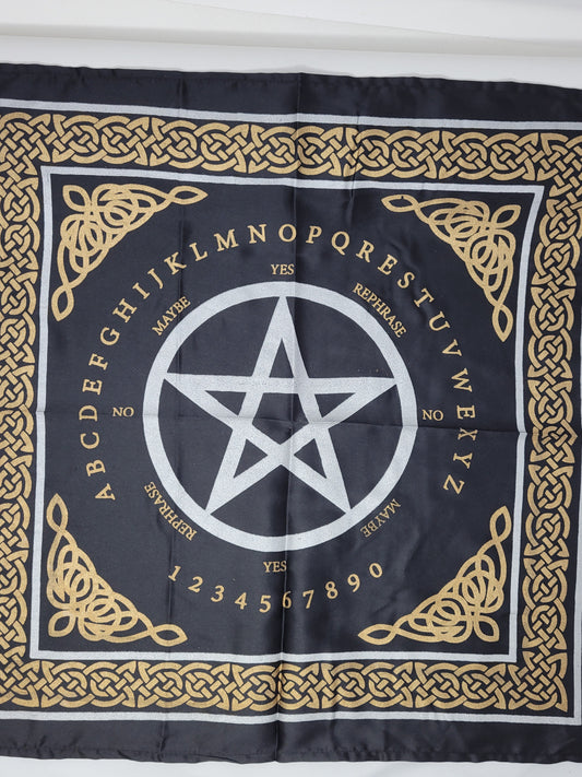 Altar Cloth Pentagram / Ouija Board Silver & gold Print on Black Satin 21x21"