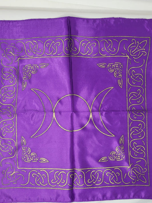 Altar Cloth Triple Moon Golden print on Purple Satin 21x21"