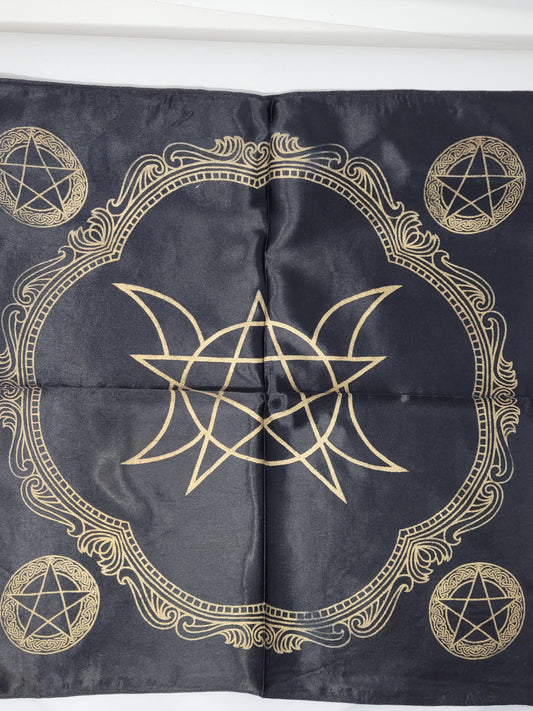 Altar Cloth Triple Moon Pentagram 21x21" Satin Gold print Black