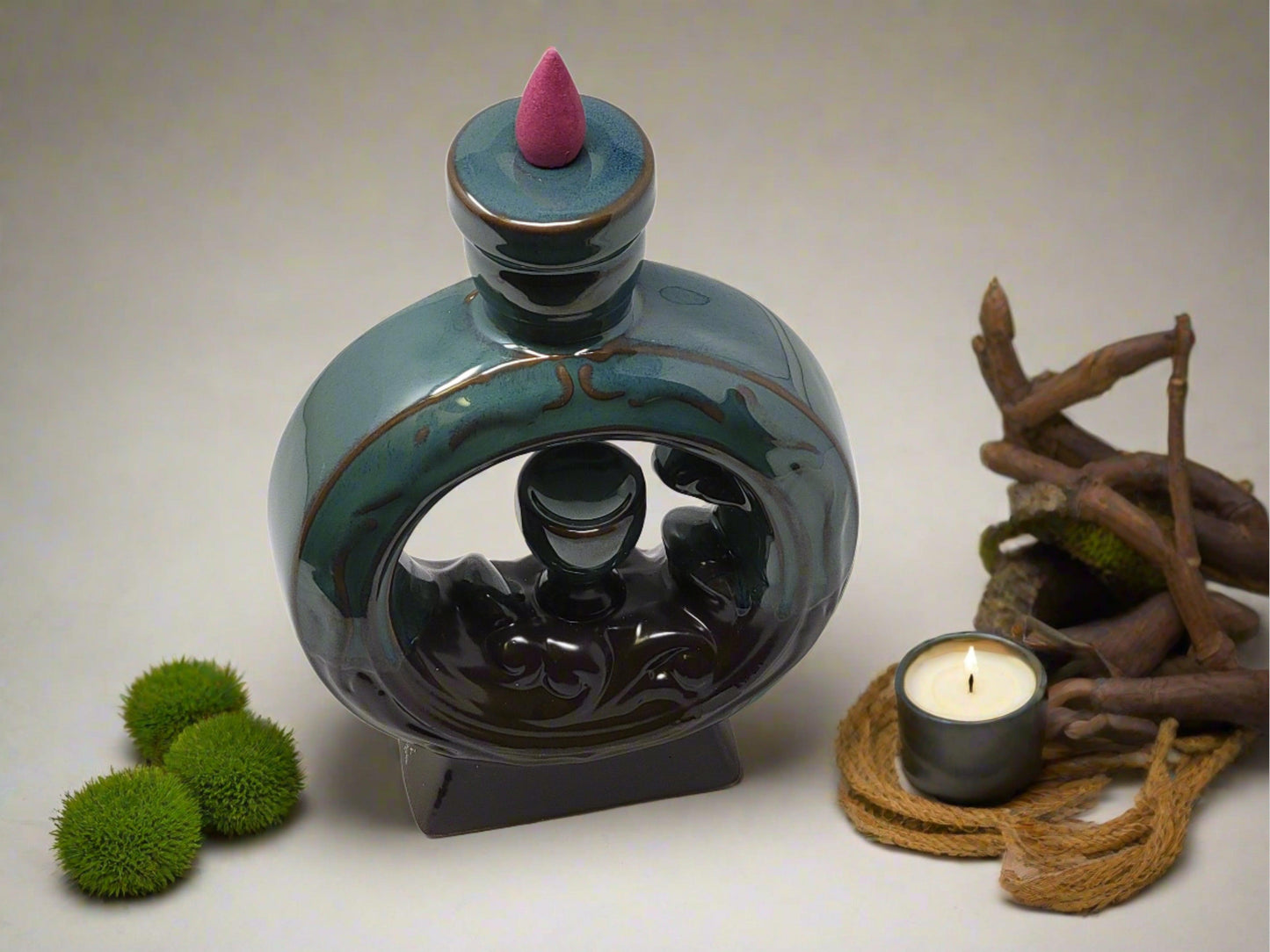 Backflow Incense Burner Waterfall Design Green/Bronze Ceramic
