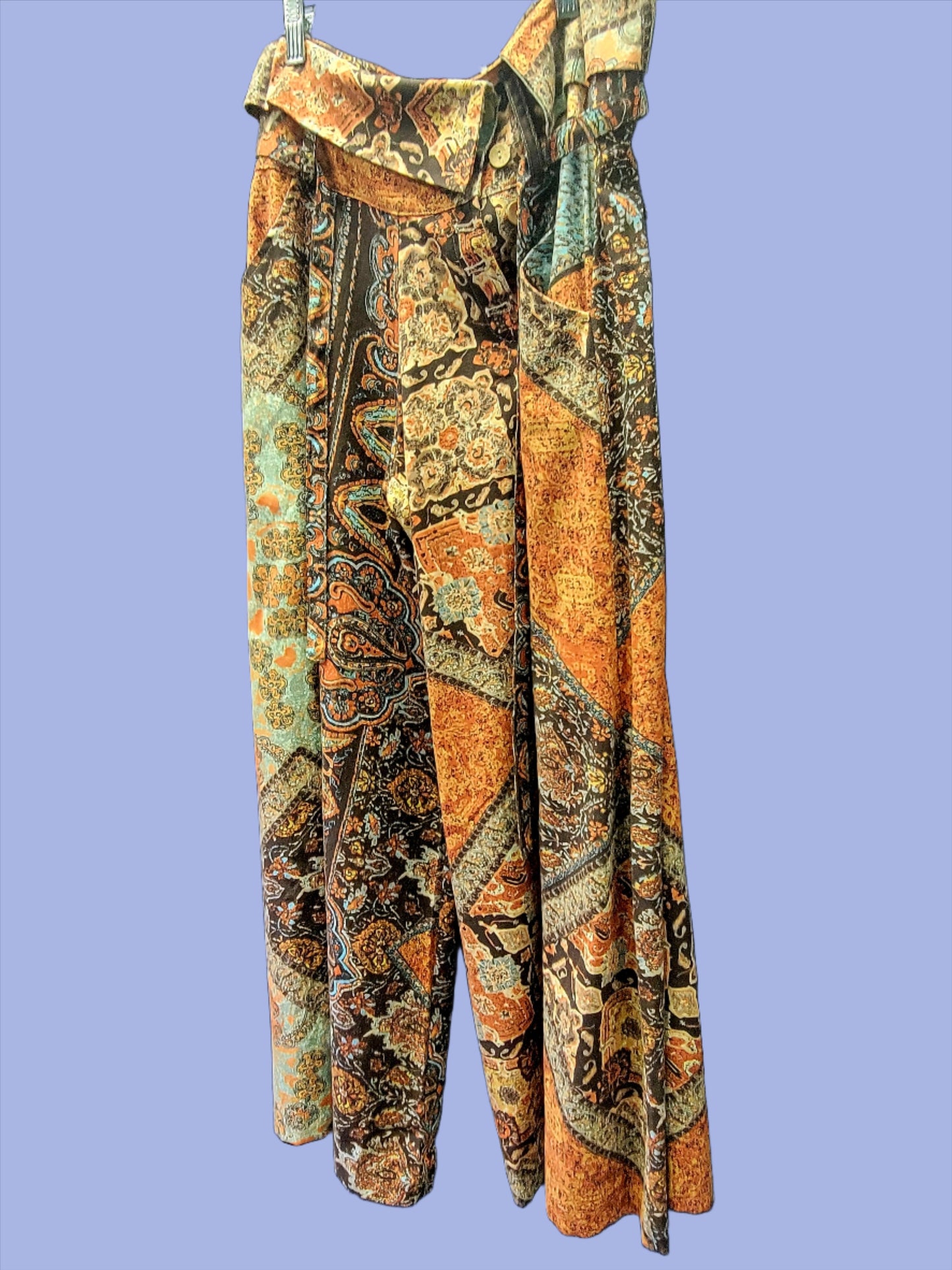 Brown Patterned Tie Band Waist Low Waisted Pants (Large)