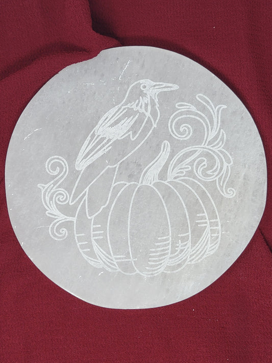 Engraved Selenite Charging Plate Halloween Raven & Pumpkin