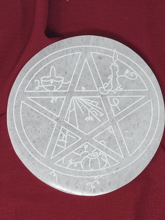 Engraved Selenite Charging Plates Halloween Pentacle