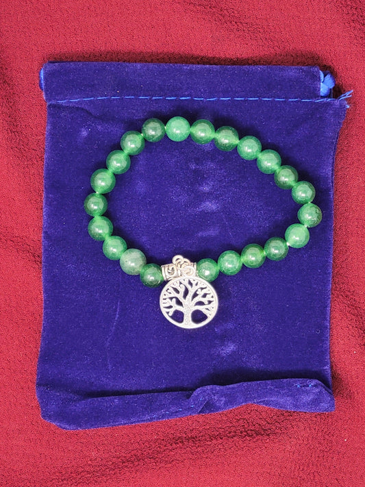 Green Aventurine Gem Stone Bracelet with Tree of Life Charm w/ Velvet Bag