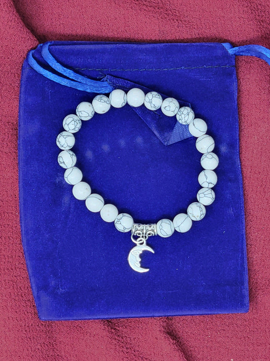 Howlite Gem Stone Bracelet with Cresent Moon Charm w/ Velvet Bag