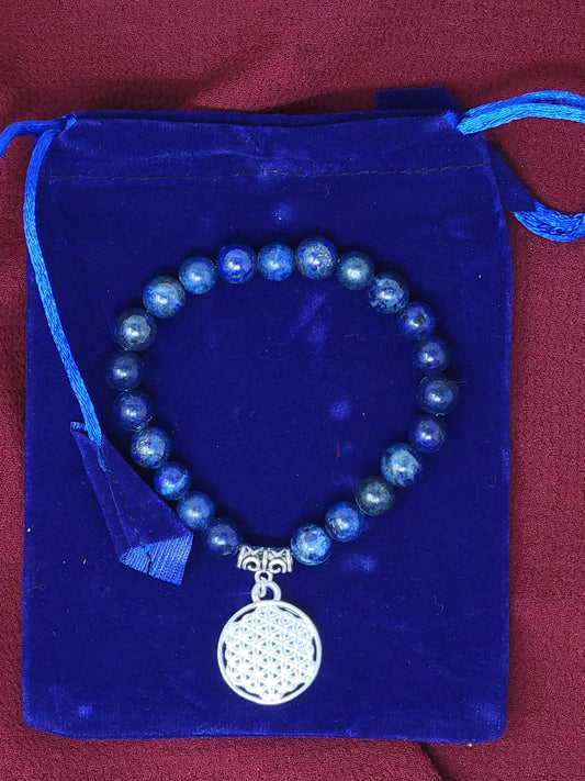 Lapis Gem Stone Bracelet with Flower of Life Charm w/ Velvet Bag