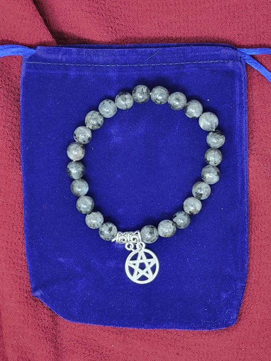 Larvikite Gem Stone Bracelet with Pentagram Charm w/ Velvet Bag