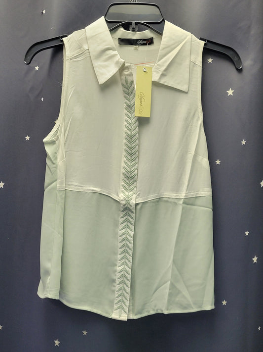 Mint & White Color Block/Sleeveless/Embroidered Detail Button Down/ High Neck