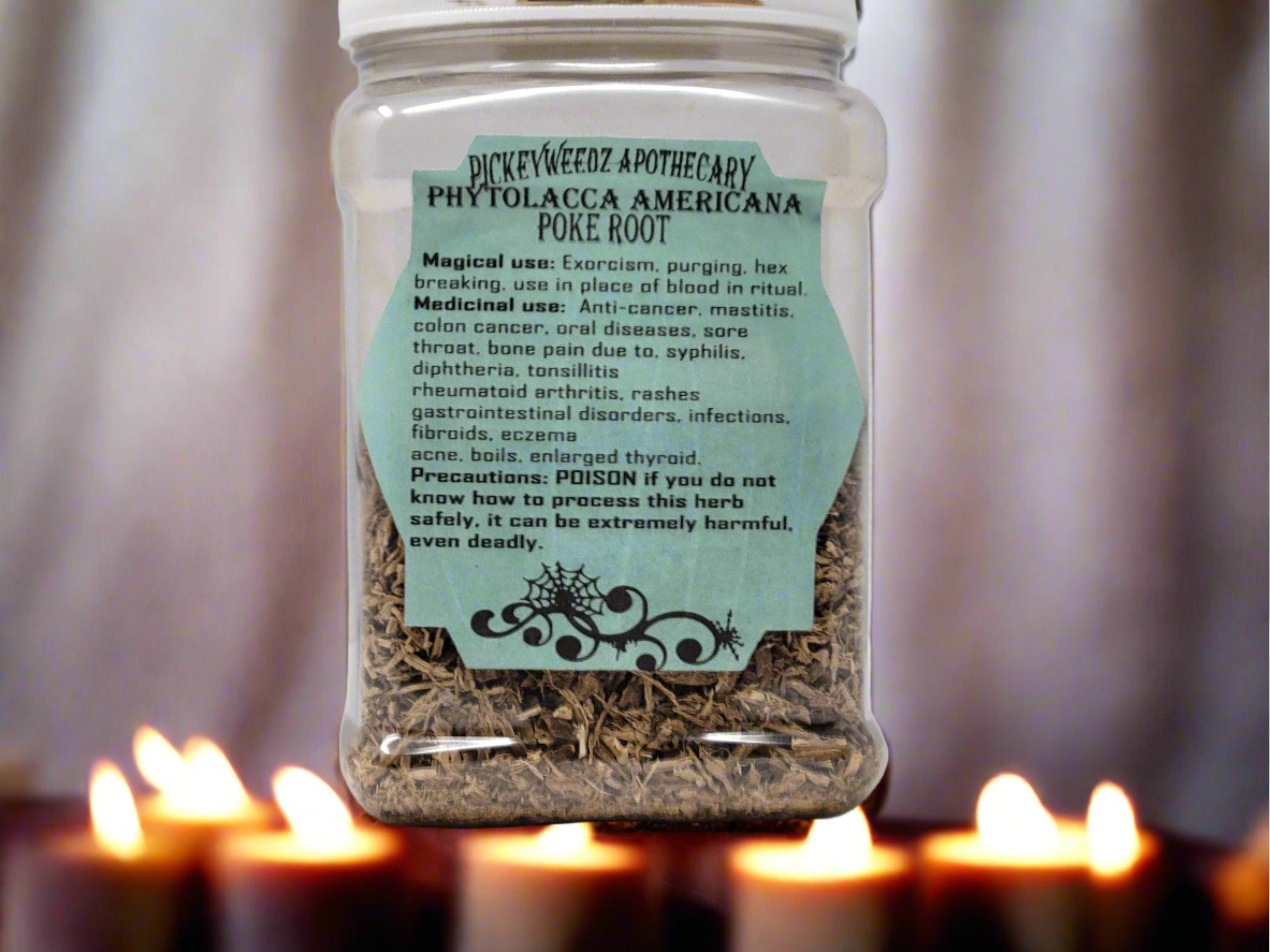 Jar labeled 'Poke Root' containing dried root pieces
