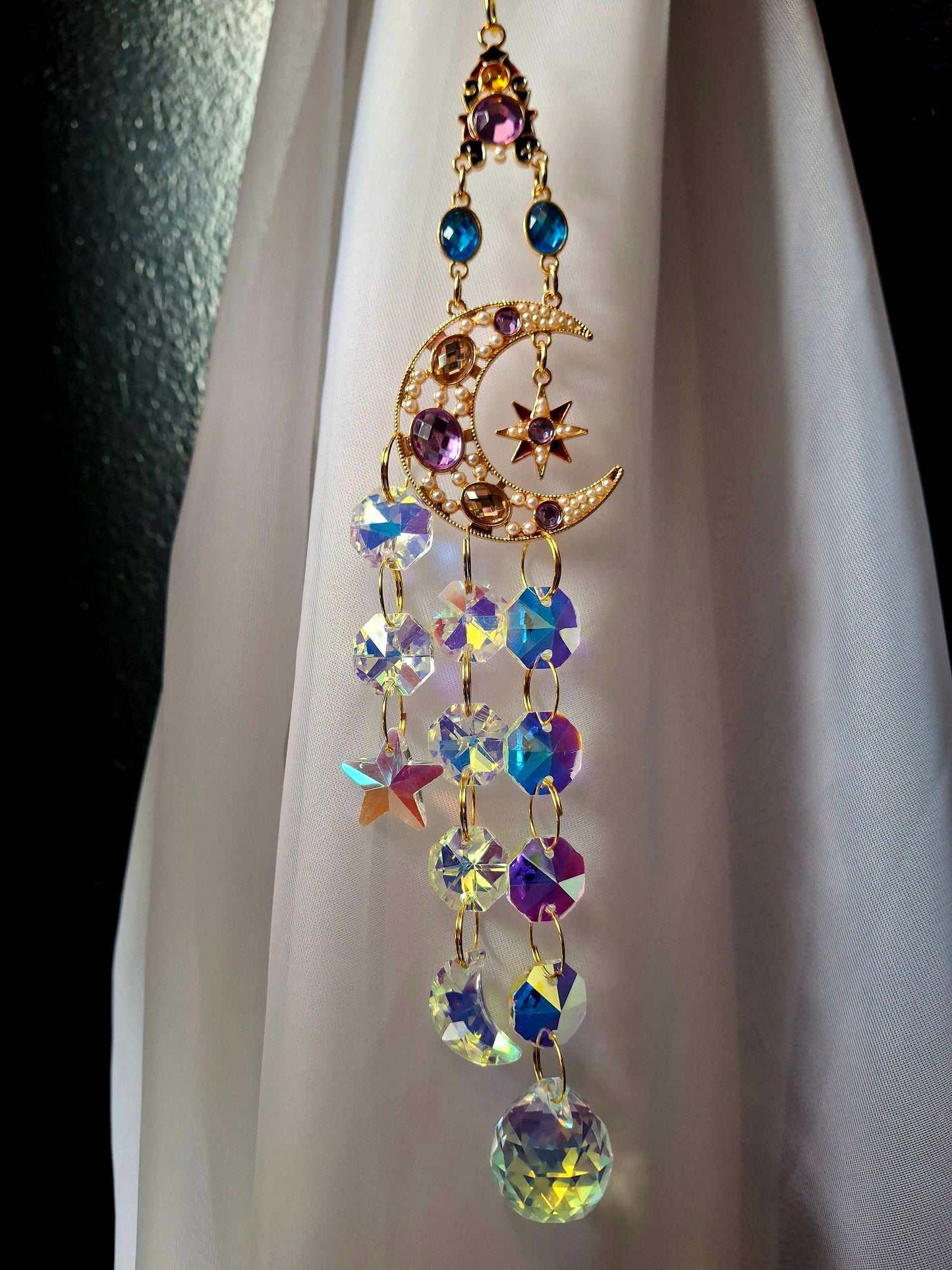 Sun Catcher -Jeweled Crescent Moon 16"