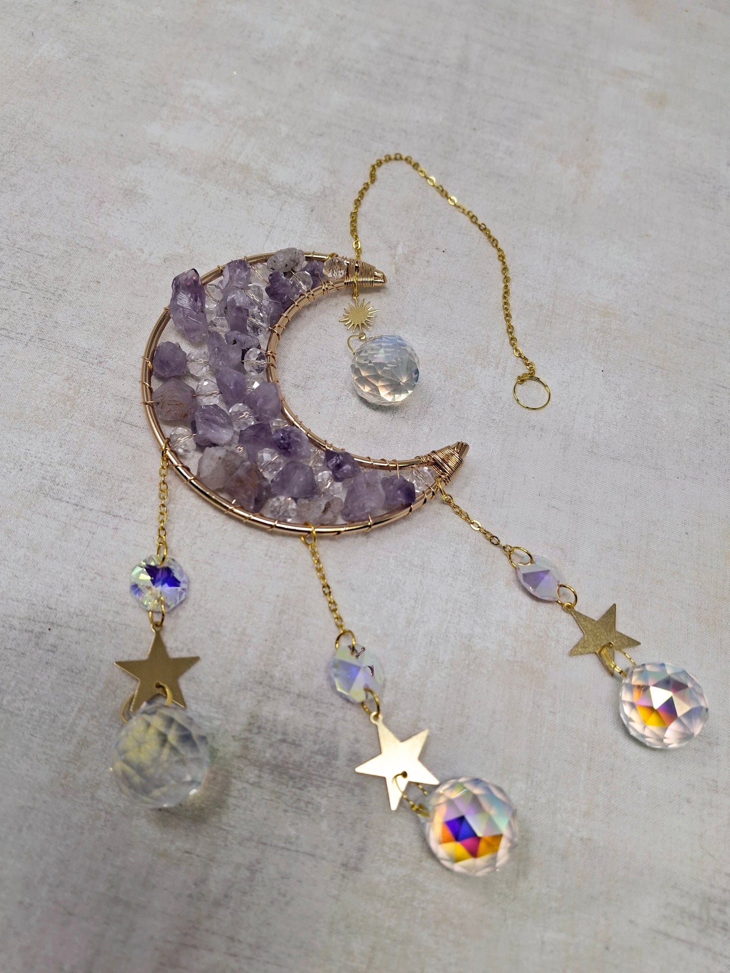 Sun Catcher - Large Amethyst Gemstone Moon 15"