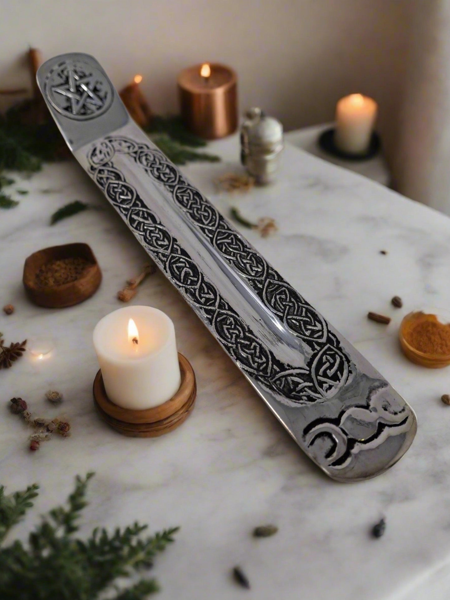 Triple Moon & Pentacle Silver Plated Stick Burner 9"Long
