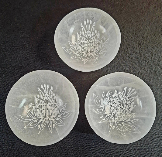 4" Selenite Bowl With Lotus Flower Engraving