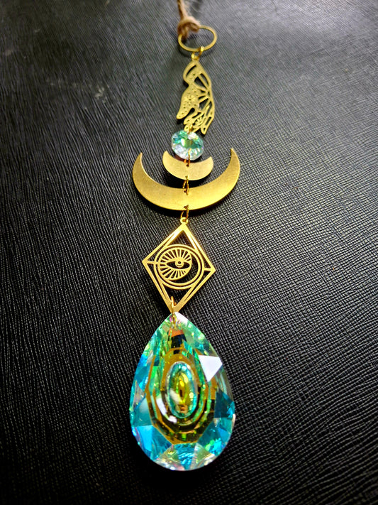 Rainbow Crystal Evil Eye Moon Suncatcher 18"L