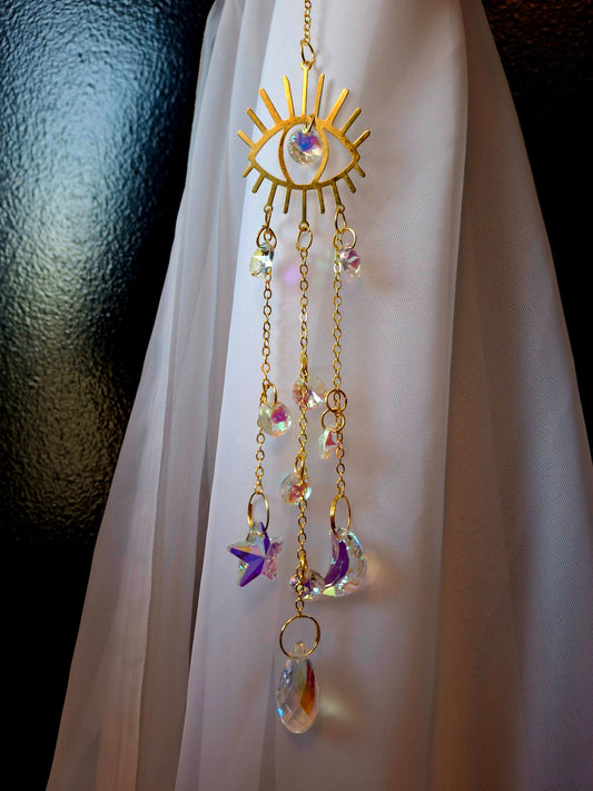 Rainbow Crystal Evil Eye Design Suncatcher (12"L)