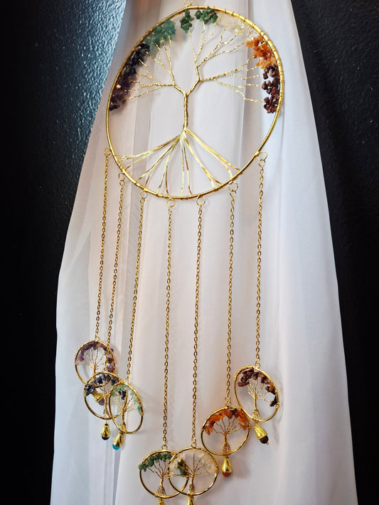 Assorted Gemstone Tree of Life Wall Hanging with Seven Mini Trees – 5.75" D x 14" L