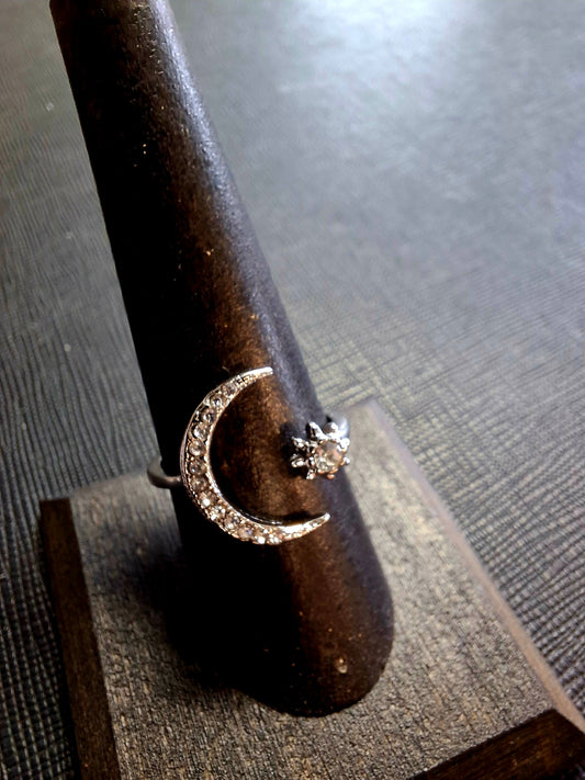 Encrusted Crescent Moon and Star Rings (adjustable)