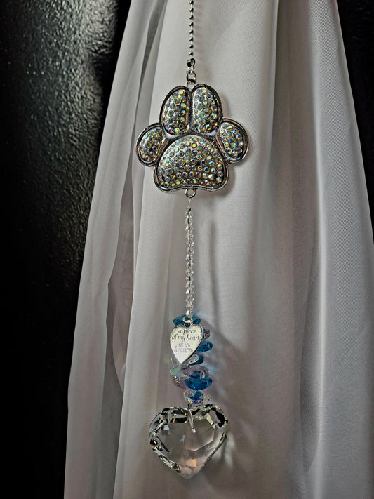 Dog Paw with Heart Crystal & Charm Suncatcher 16"L