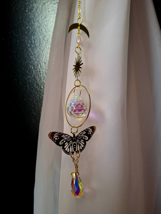Rainbow Crystals Suncatcher with Sun, Moon & Butterfly Design 14"L