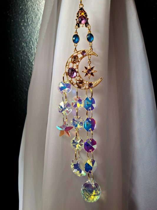 Sun Catcher -Jeweled Crescent Moon 16"