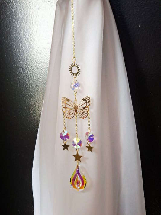 Rainbow Crystals Suncatcher with Sun & Butterfly Design, 15"L