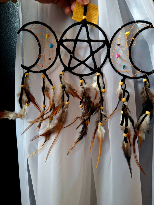 3.5x9" Triple Moon with Pentagram Black Dream Catcher with feathers & Beads