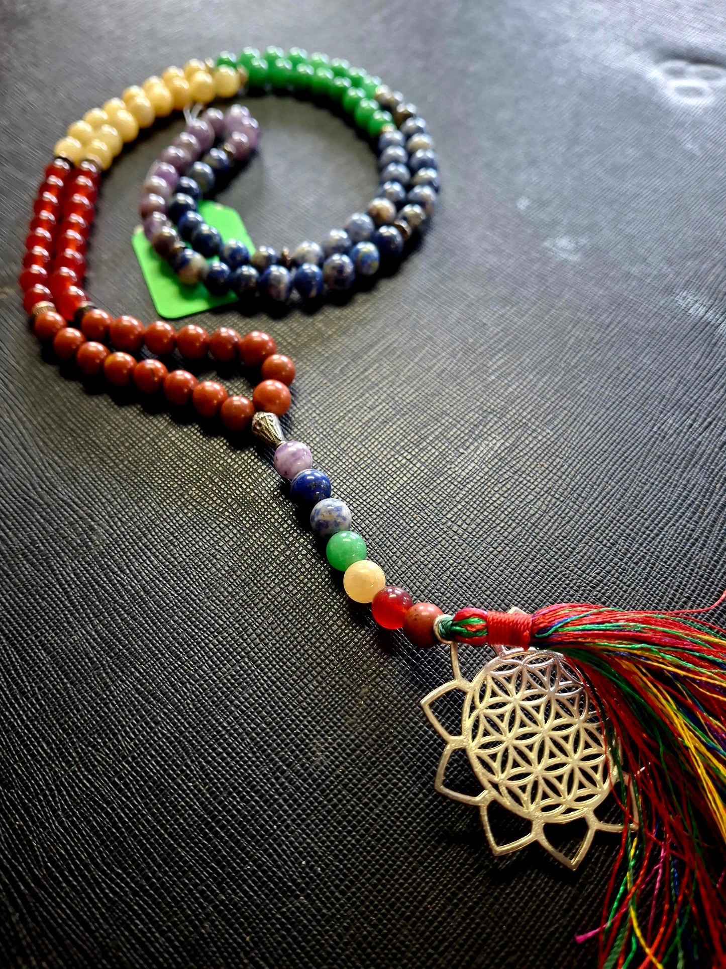 7 Chakra Stone Japa Mala with Flower of Life Charm
