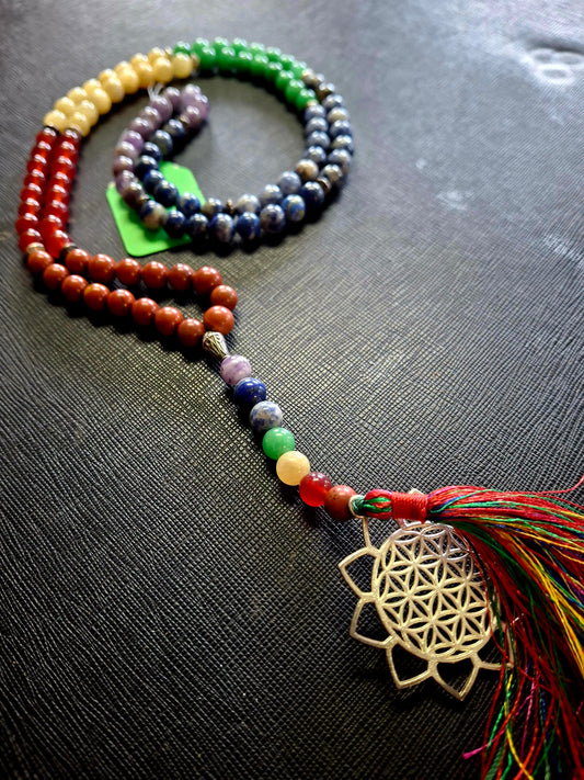7 Chakra Stone Japa Mala with Flower of Life Charm