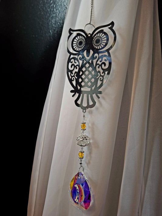 Silver Owl Suncatcher w/Large Crystal Prism