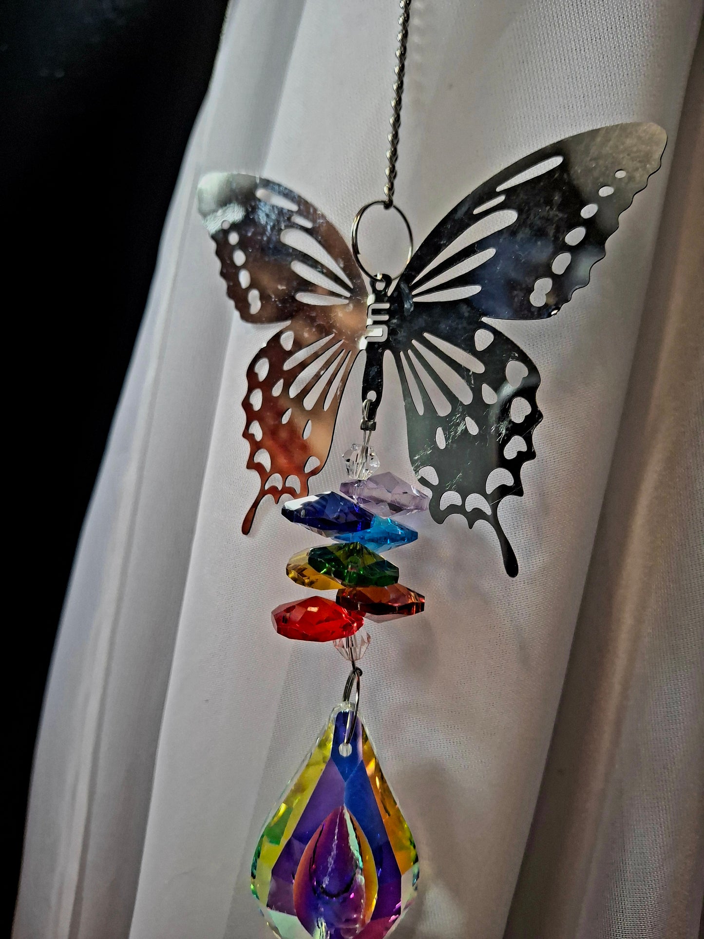 Silver Butterfly Suncatcher w/Large Crystal Prism