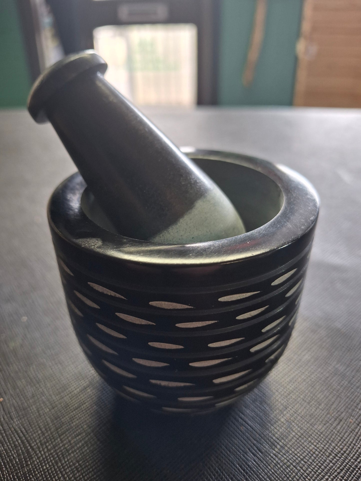 Hand Carved Black Soapstone Mortar and Pestle – 3" Diameter x 3" Height Bowl with 3" Pestle