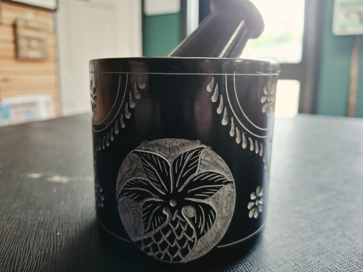 Floral Hand Carved Black Soapstone Mortar & Pestle – 3" H x 3" D