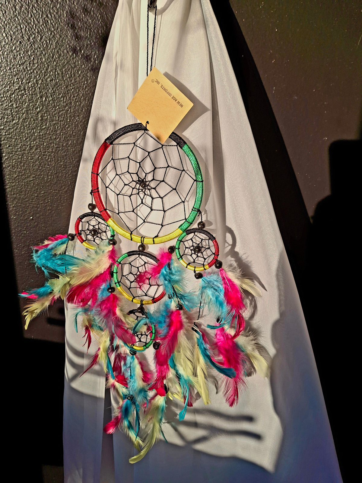 4.5" Rasta Dream Catcher Five Rings with Feathers & Beads