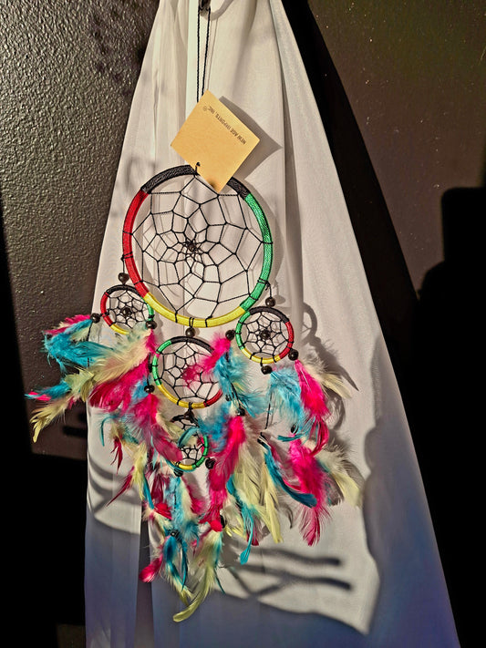 4.5" Rasta Dream Catcher Five Rings with Feathers & Beads