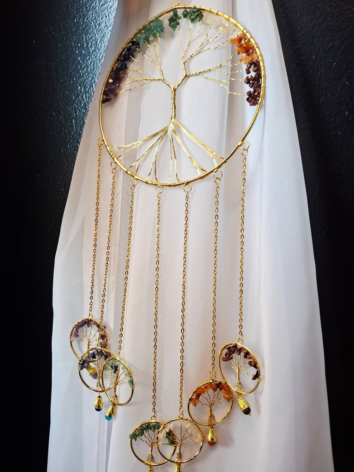 Assorted Gemstone Tree of Life Wall Hanging with Seven Mini Trees – 5.75" D x 14" L