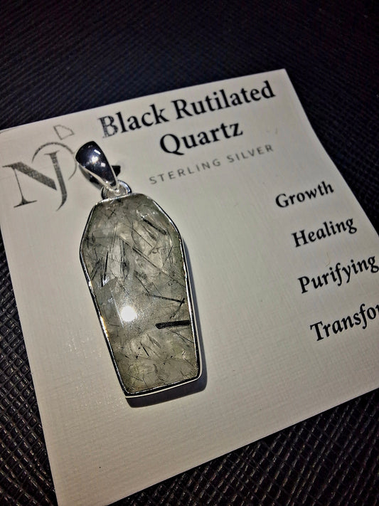Black Rutile Sterling Silver Coffin Pendant