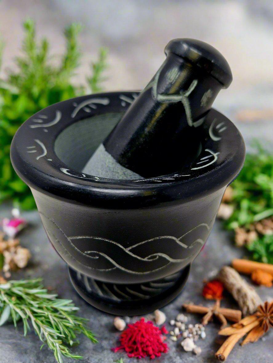 Black Soap Stone Celtic Knot Carved Black Mortar & Pestle 3"X3"