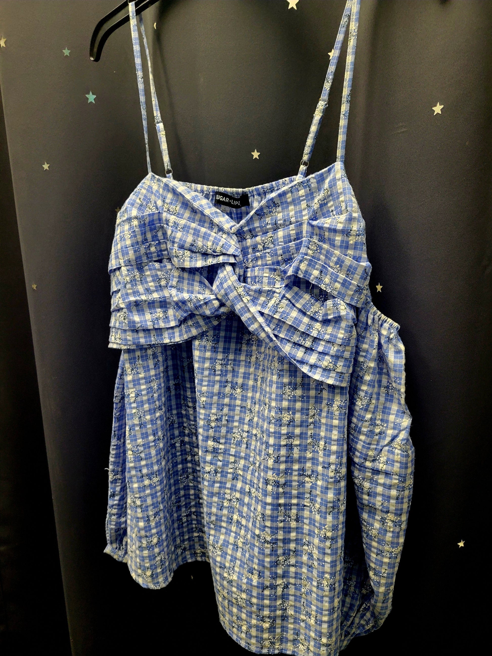 Blue Gingham Off-Shoulder Halter-Neck Blouse w/Delicate Floral Details