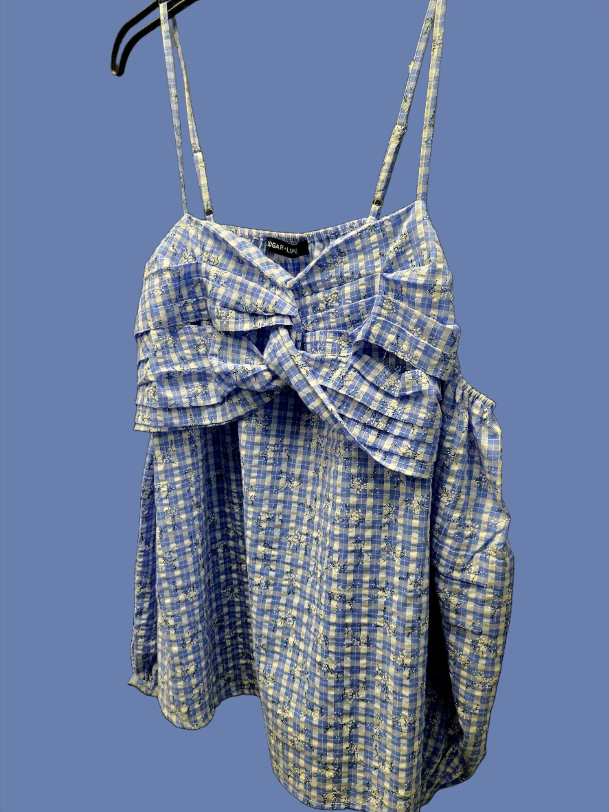 Blue Gingham Off-Shoulder Halter-Neck Blouse w/Delicate Floral Details