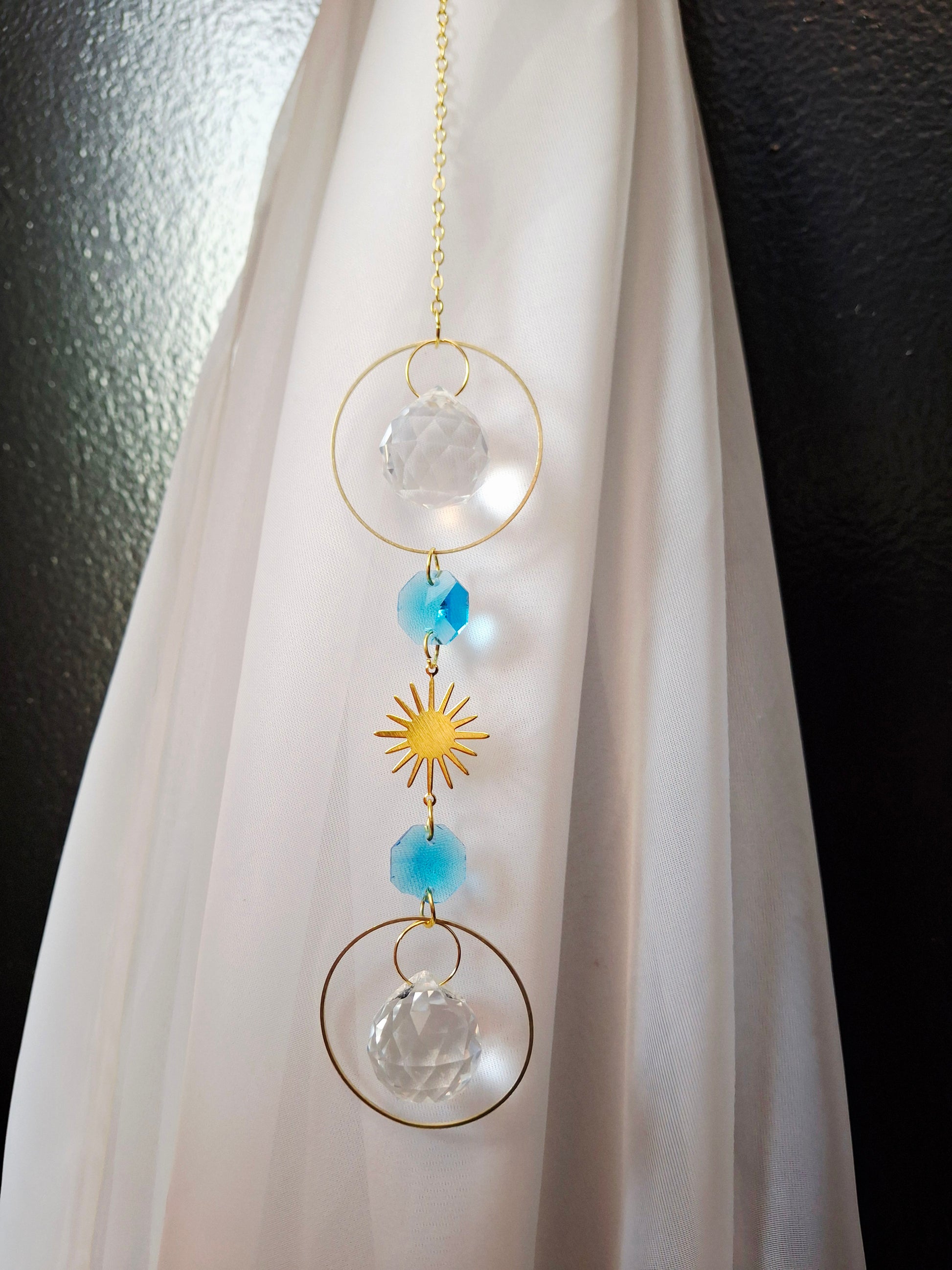 Blue & White Crystal Suncatcher with Sun 13"L