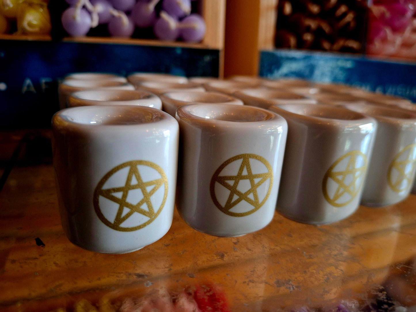 Chime Candle Holder (White / Gold Pentagram)