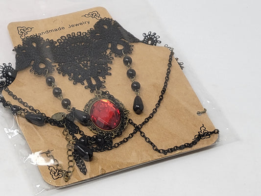 Choker Lace Beaded w/Red Pendant & Chains