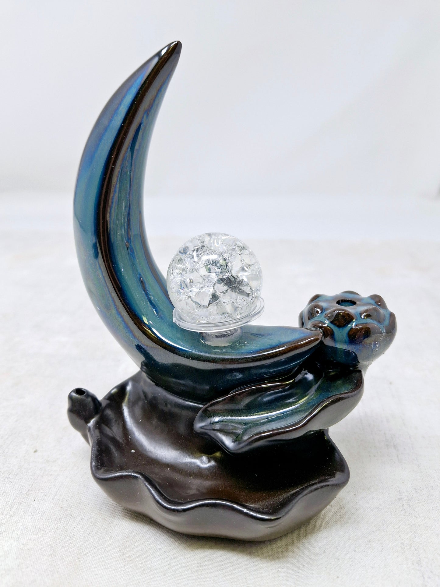 Crescent Moon Crytal Ball Waterfall Backflow Cone Incense Burner 4"W x 5.5"H