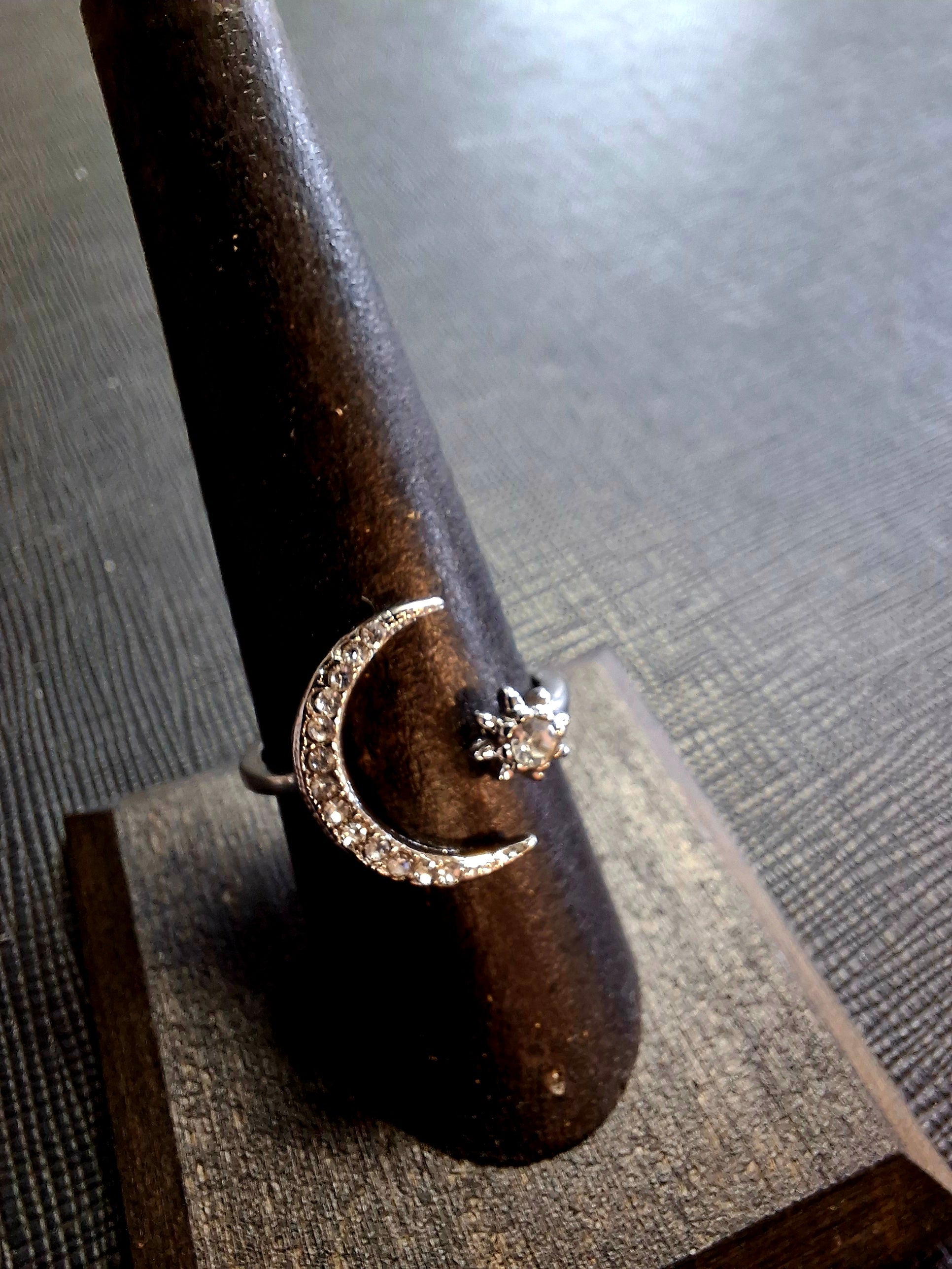 Encrusted Crescent Moon and Star Rings (adjustable)
